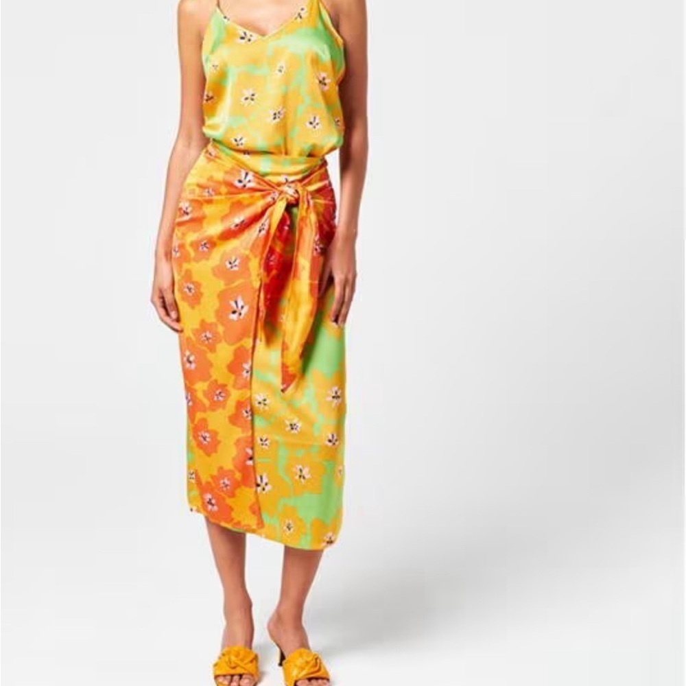 Never Fully Dressed Yellow Orange Green Floral Tie-Waist Midi Skirt